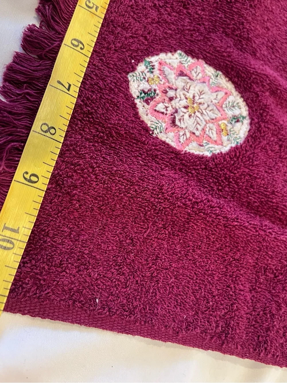 Vintage Burgundy Poinsettia Embroidered Hand Towels Set of 2 USA